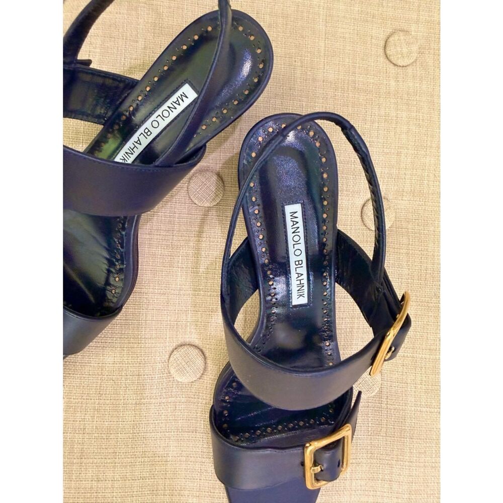Manolo Blahnik Navy Leather Slingback Sandals with Gold Buckle